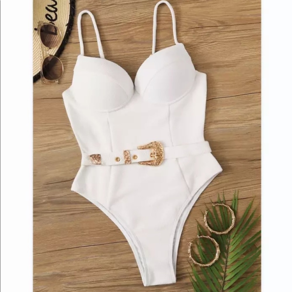 🎉New Sexy Push Up Underwire Solid White Padded Buckle One Piece Swimsuit